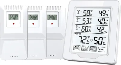 Obrázek produktu pro Digitální teploměr a vlhkoměr pro měření vnitřní vlhkosti se 3 senzory, displejem HTN, monitorem teploty a vlhkosti s bílým podsvícením a bezdrátovým přenosem s dosahem 152 m