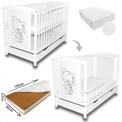 Produktbild von Babybett Gitterbett Teddybär Weiß 2in1 mit Zusätzliche Barriere + Schublade + Bettlaken + Kokosschaum Kokosnuss Matratze 120x60x9,5cm