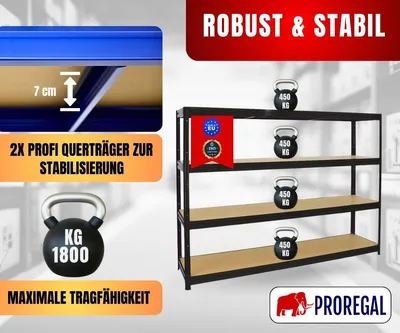 Produktbild von Schwerlastregal DINO | HxBxT 180x240x60cm | 4 MDF-Platten-Ebenen 6,5 mm | Fachlast 450kg | Schwarz