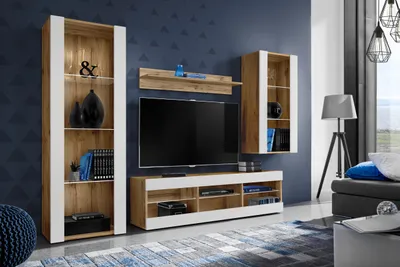 Produktbild von Komodee | Wohnwand mit TV-Schrank und Vitrine Tivoli Set Medio, Korpus Wotan Matt Frontfarbe Weiß Matt, ohne LED