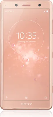 A pink Sony Xperia XZ2 compact smartphone is shown from the front, displaying its lock screen with the time and date.