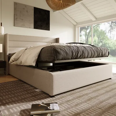 Produktbild von Flieks Polsterbett 180x200cm, Boxspringbett Doppelbett mit Stauraum und Lattenrost, Hydraulisches Stauraumbett Jugendbett Funktionsbett, Leinen, Beige