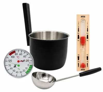 Produktbild von HAF Saunakübel Set Edelstahl Schwarz 5 Liter + Saunakelle, Sanduhr & Klimamesser | Aufgusskübel mit Buchenholzgriff | Hochwertiges Sauna Zubehör