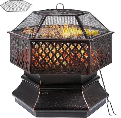 Imagen del producto de Hoguera con protección contra chispas, cesta para fuego con rejilla para asar, 71x71x63 cm