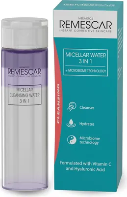 Produktbild von Remescar Mizellenwasser 200ml – 3-in-1-Reinigungswasser - Make-up Entferner und Gesichtsreinigung - Formel mit Vitamin C und Hyaluronsäure