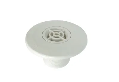 A white plastic pool fitting with a threaded base and a grid-like opening on top, isolated on a white background.