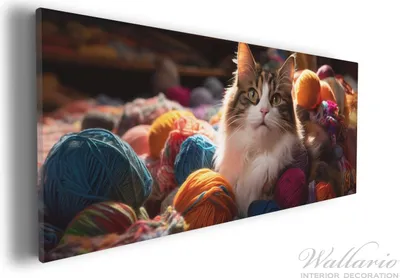 Produktbild von Wallario Premium Leinwandbild Katze in einem Berg von Wollknäuel in Größe 30 x 75 cm