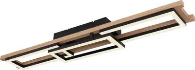 A modern ceiling light with a geometric design, featuring wooden and black elements with integrated LED lighting.