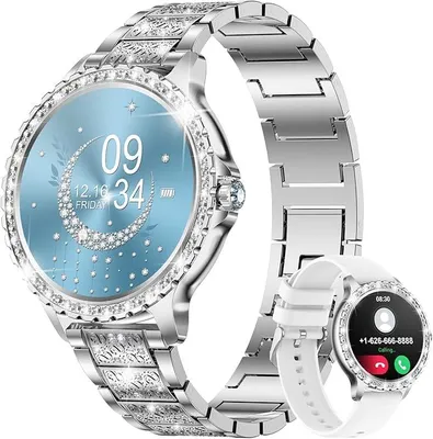 Produktbild von Elegante Smartwatch Damen mit Telefonfunktion 2026 Silber rund mit Blutdruckmessung für Android und Apple Geräte wasserdicht mit Armbandwechsel