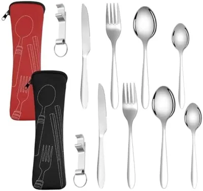 Produktbild von PolkaHome® Edelstahl Campingbesteck-Set für 2 Personen – 10-teiliges Outdoor-Reisebesteck mit Aufbewahrungstasche, Rot