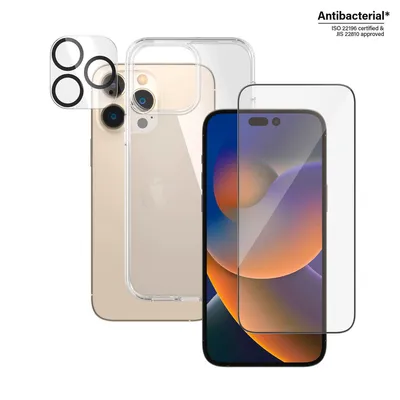 Obrázek produktu pro PanzerGlass ® 3-in-1 Bundle iPhone 14 Pro Max, Apple, Apple - iPhone 14 Pro Max, Aplikace nasucho, Odolné proti poškrábání, Odolný proti nárazům, Antibakteriální, Průhledná, 1 kusů