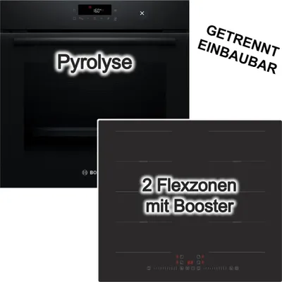 A collage showing a black Bosch oven and a black induction cooktop, with text overlays highlighting features.