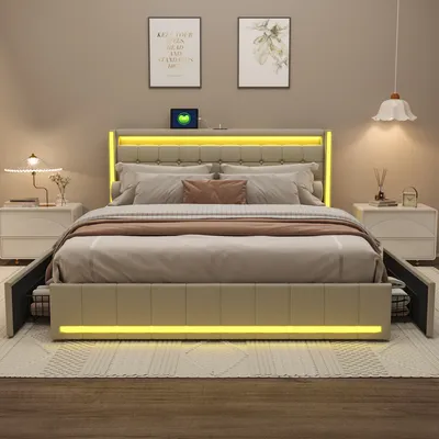 Obrázek produktu pro CDGlobal čalouněná postel 140x200cm s USB a Type-C, postel pro mladé manželská postel se 4 zásuvkami, úložný prostor postel z masivu s LED a lamelovým roštem, povlečení