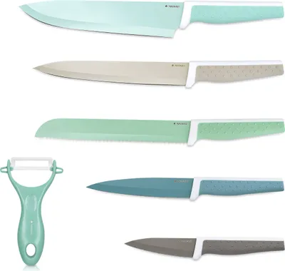 Produktbild von Navaris Messer Set 6-teilig inkl. Schäler - 5x Edelstahl Küchenmesser und 1x Keramik Gemüseschäler - Fleischmesser Brotmesser - Messerset bunt