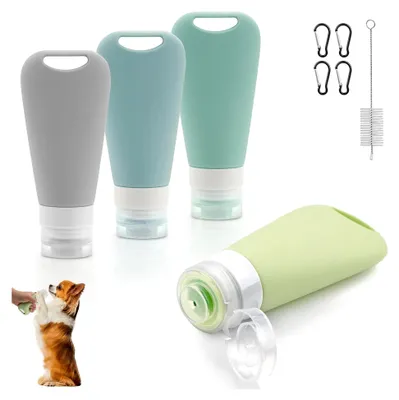 Produktbild von 4 Stück Futtertube zum Befüllen für Hunde 90 ml Leberwurst Wiederverwendbar Silikon Reiseflaschen mit Karabiner und Reagenzglasbürste für Hundetraining