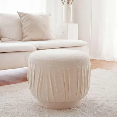 Image de WOHNLING Tabouret en tissu 50 cm, couleur crème, design rond, tabouret rembourré, aspect plissé, tabouret de coiffeuse, tabouret de salon, tabouret d'appoint, salon, fait main