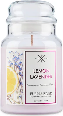 Obrázok produktu pre Vonná sviečka Purple River Lemon Lavender, ručne liata, sójový vosk, 623 g, doba horenia 140 hodín, sklenený pohár, 2 bavlnené knôty