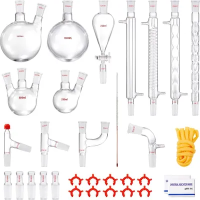 Produktbild von Labor Glaswaren Destillation Set 1L 3,3 Boro - 32 Stk. Glaswaren Ausrüstung - Professionelles Destillationset 1L 3,3 Boro - 32-teiliges Glaswaren Zubehör Kit