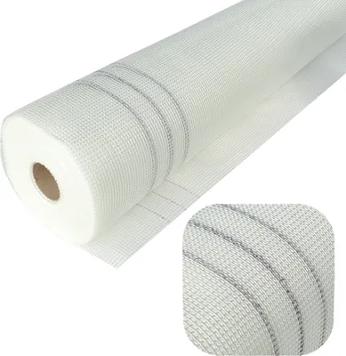 A roll of white fiberglass mesh fabric with gray stripes, shown on a white background. A close-up inset shows the texture of the fabric.