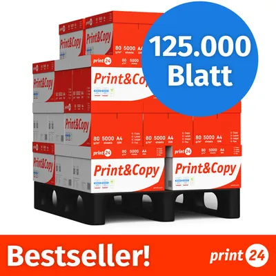 Produktbild von print24 Druckerpapier Kopierpapier 125.000 Blatt 25 x 5.000 A4 80g Premium Weiß PEFC