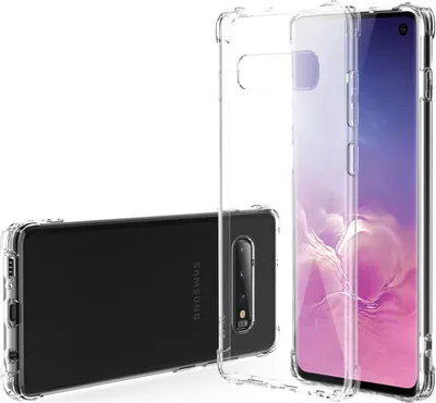A transparent phone case is shown next to a Samsung Galaxy S10e phone.