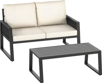 A black metal outdoor lounge set with cream cushions, consisting of a two-seater sofa and a coffee table, displayed on a white background.