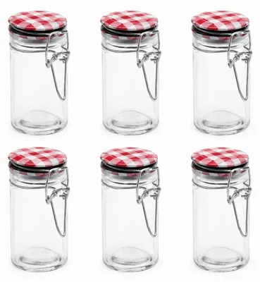 Produktbild von 6er-Set Vorratsgläser – 90 ml – Rot-weiß karierter Metalldeckel – Einmachgläser/Gewürzgläser – 4,5 x 4,5 x 8,5 cm, rund