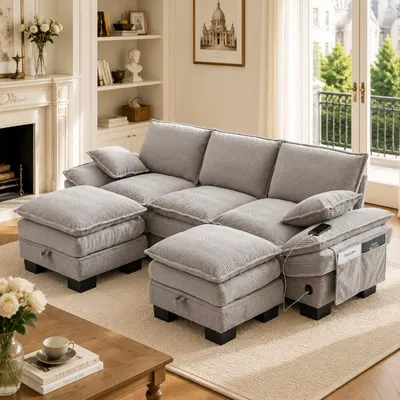 Produktbild von Modulares 3-Sitzer Cordsofa mit 2 Hockern, USB-C-Anschluss und Seitentaschen, hellgraues Wohnzimmer-Sofa 260x132x84cm
