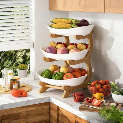 Produktbild von MODFU Obst Etagere mit 3 Etagen, Platzsparendes Obstkorb Etagere für die Familie, Stabil Und Ohne zu Zittern, Obstschale Modern mit Natürlichem Bambus Steher, für Gemüse, Obst, Snacks
