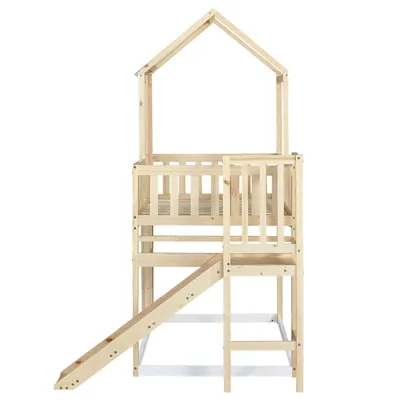 Produktbild von Flieks Etagenbett 90x200cm Kinderbett mit Rutsche und Leiter, Hochbett mit Lattenrost, Hausbett Massivholzbett für Kinder, Naturbelassen