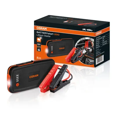 A product shot of a car battery jump starter and its packaging.