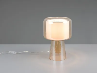 Produktbild von Ausgefallene LED Tischlampe mit Glasfuß Bernstein & Stoffschirm Nachttischlampe