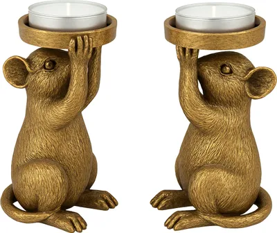 Image de lot de 2 - Porte-bougies à réchaud Souris - Or - Polyrésine - 8,6 × 6,5 × 14,5 cm chacun