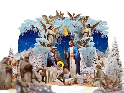 Produktbild von 3D Pop-Up Weihnachtskarte „Krippe / Heilige Familie“ 15×20 cm, mit weißem Umschlag – REMOtech
