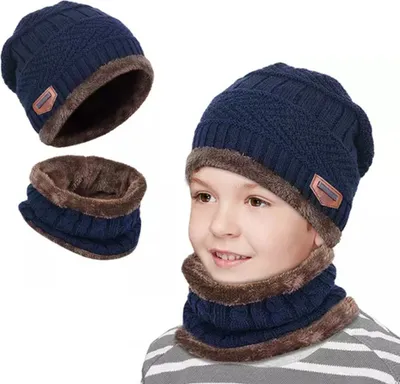 Produktbild von Kinder Warme Strickmütze mit Schal, mit weichem Fleece, A0478 Navy