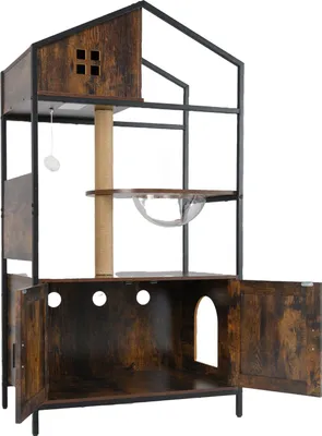Produktbild von GOPLUS Katzenhaus, Katzenklo Schrank mit Kratzmatte, Raumkapsel & Jutepfosten, Kratzbaum für Katzen, 80 x 48 x 150 cm, Braun
