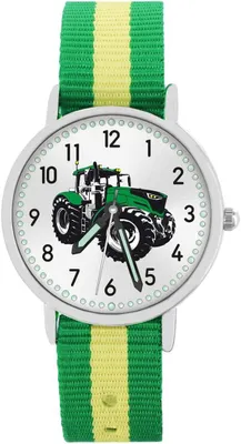 Produktbild von Kinder Armbanduhr Jungen Traktor für Kinder grün Trecker Kinderuhr Auto Car Textilarmband Leuchtzeiger analog Quarz