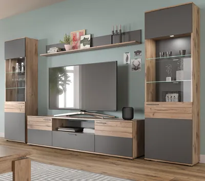 Produktbild von Wohnwand "Tomaso" Eiche und grau Wohnkombination 4-teilig 338 cm mit Soft-Close