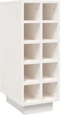 A white wooden wine rack with multiple compartments.