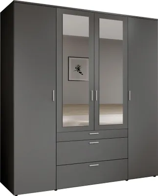 Produktbild von Drehtürenschrank >Vesala< 4 Türen, 3 Schübe, Graphit / Spiegel - 180x195x56cm (BxHxT)