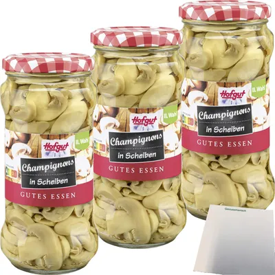 Produktbild von Hofgut Champignons in Scheiben 3er Pack (3x370ml Glas) + usy Block