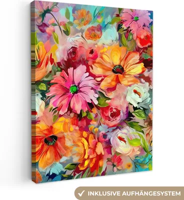 Produktbild von MuchoWow® - Leinwandbilder - Blumen - Farbenfroh - Kunst - Ölgemälde, Wandbild, Wanddeko Bilder Wohnzimmer, 30x40cm