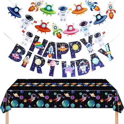 Weltraum-Deko-Set: Tischdecke 130x220 cm, Raketenbanner & Girlande