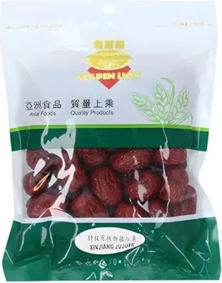 A clear, front-facing image of a bag of dried jujubes.