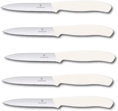 Produktbild von Victorinox | Swiss Classic Gemüsemesser Set | 10 cm Wellenschliff | perfekt für Tomaten | 5er Set | Weiß | ideal für präzises Schneiden und Schälen