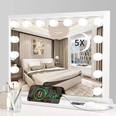 Produktbild von ZELURXX Spiegel, mit Beleuchtung, Typ C und USB Ladeanschluss, Mit Display und 15 Dimmer Leuchten, 3 Lichtmodus LED, Schminkspiegel, Weiß, 58 x 48 cm