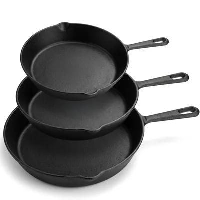Produktbild von Gusseisen Brat und Steak Pfannen Set 3-tlg ø 15,5 ø 20,5 ø 25,5 cm Gusseisenpfanne Bratpfannenset  Bratpfannen-Set BBQ Ohne Antihaftbeschichtung Retoo
