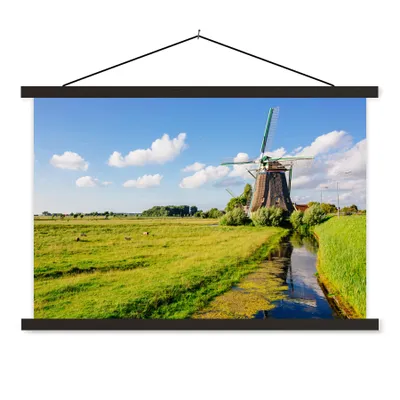 Produktbild von MuchoWow® Textilposter Mühle - Gras - Niederlande 90x60 cm mit schwarzem Rahmen - Aufhängungssatz