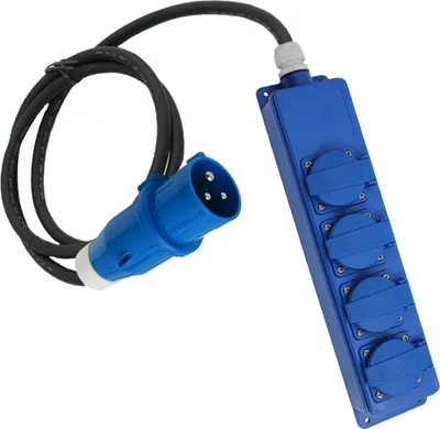 Immagine prodotto di ciabatta elettrica a 4 prese Schuko 16A IP44 per caravan roulotte barca ecc. 230V-250V con cavo e spina CEE blu