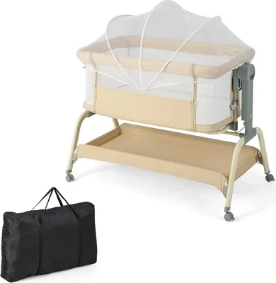 Produktbild von 3 in 1 Baby Beistellbett, 90 × 55cm Reisebett mit Matratze, Moskitonetz & 4 Rädern, 6-stufig-höhenverstellbar Stubenwagen mit Neigung & Ablage, Babywiege für Säuglinge 0-6 Monate (Beige)
